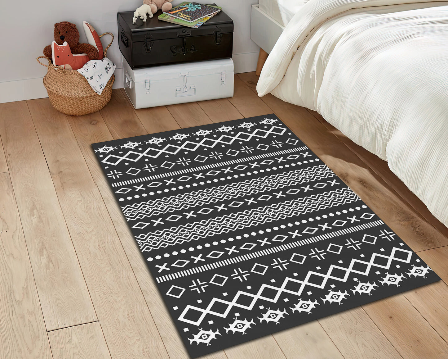 Boho Style Rug, Black Tribal Mat, Vintage Ethnic Carpet, Living Room Rug, Aztec Decor