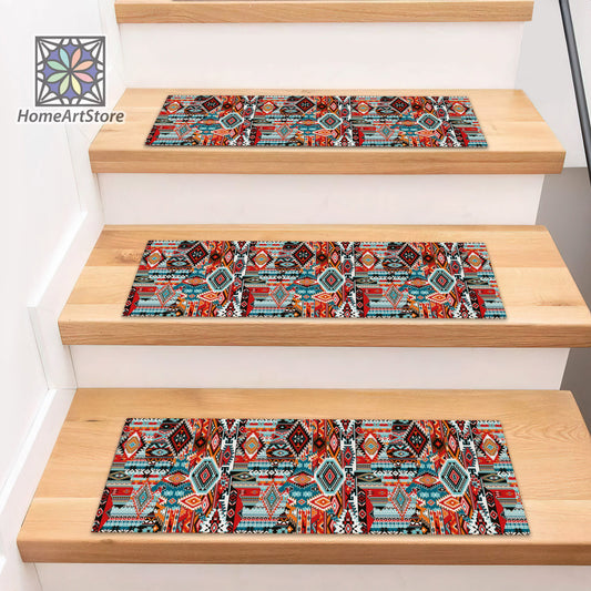 Aztec Stair Rugs, Ethnic Stair Step Mats, Colorful Patchwork Stair Carpet, Tribal Step Rug