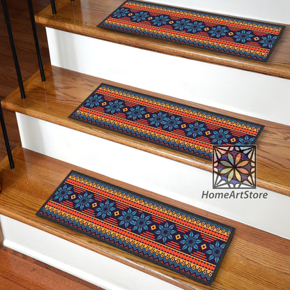 Ethnic Themed Stair Rugs, Colorful Tribal Stair Step Carpet, Aztec Mats, Home Decor