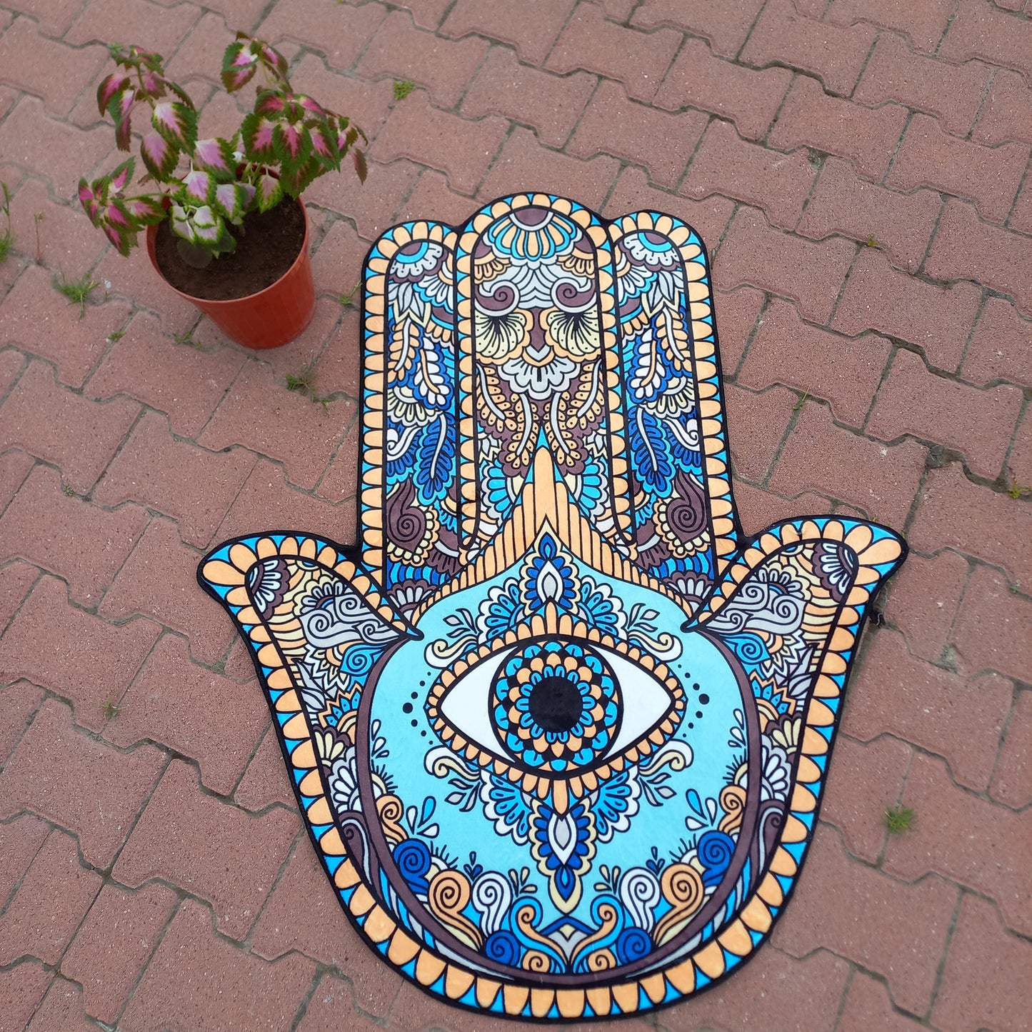 Evil Eye Rug, Boho Style Mandala Carpet, Turkish Motif Mat, Talisman Rug, Fatima Hand Decor