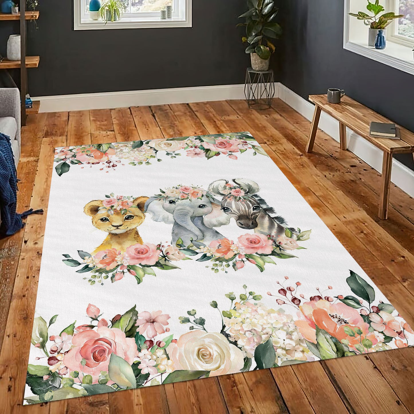 Floral Nursery Rug, Baby Animals Rug, Lion, Zebra, Elephant, Baby Room Carpet, Baby Gift