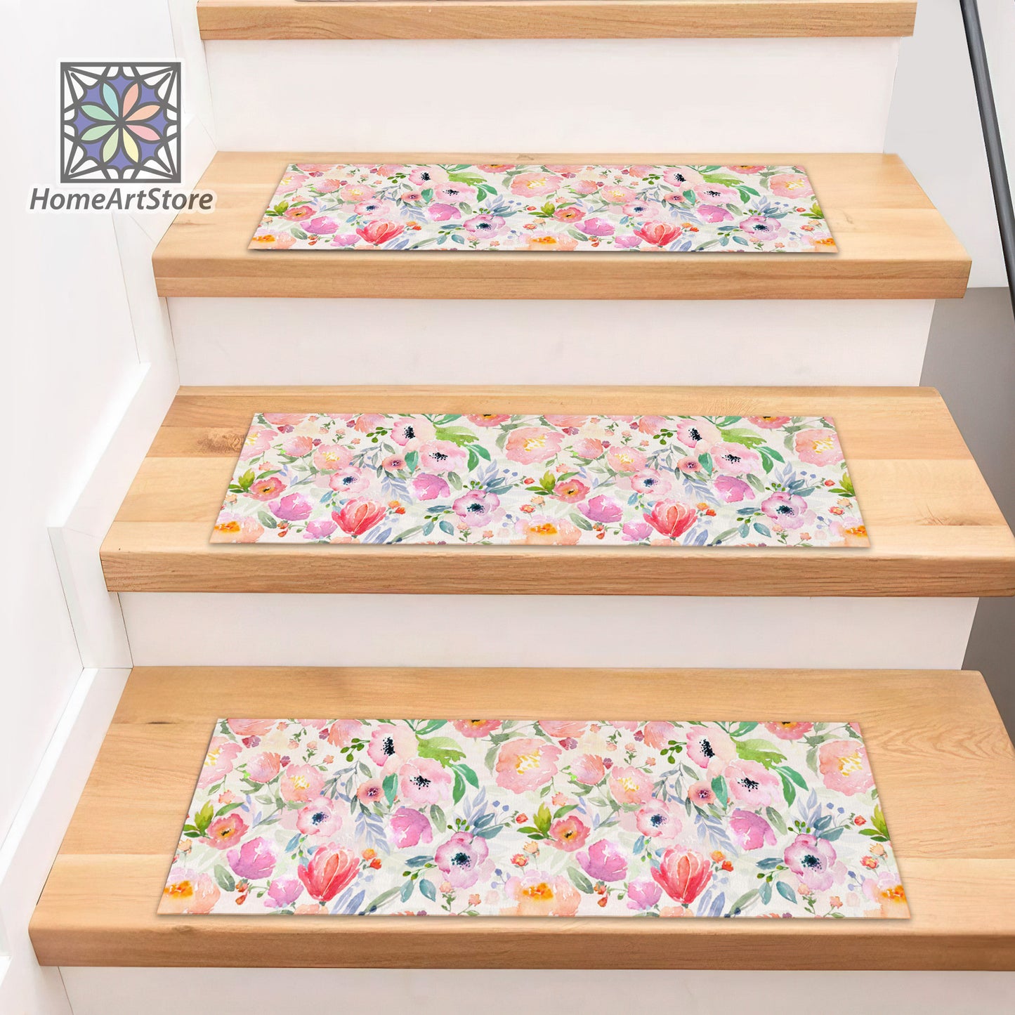 Pink Flower Pattern Stair Rugs, Boho Stair Treads Mats, Floral Stair Carpet, Nonslip Step Mat, Bohemian Decor