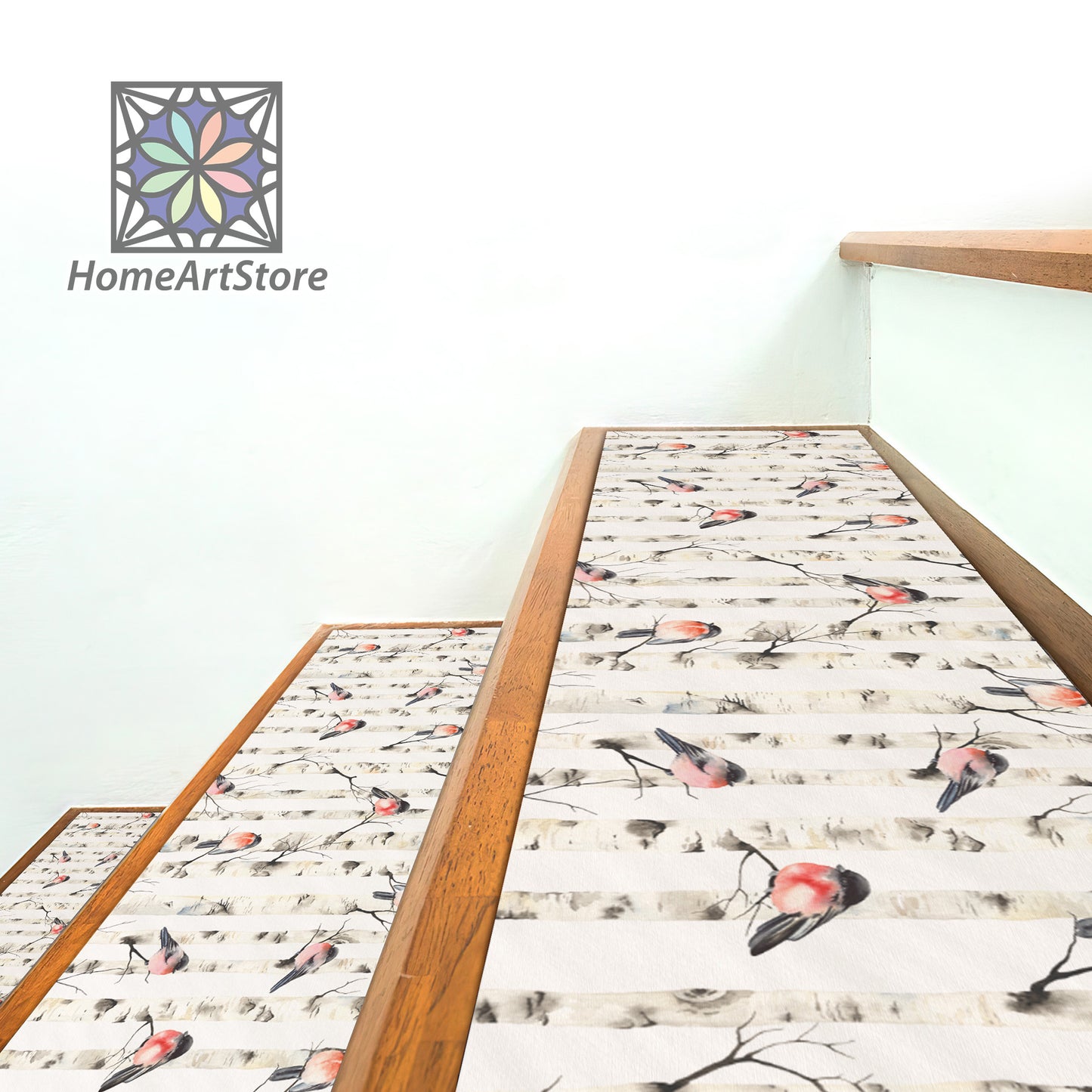 Forest and Birds Stair Rugs, Minimal Stair Tread Carpet, Modern Stair Step Mats, Bohemian Stair Rug