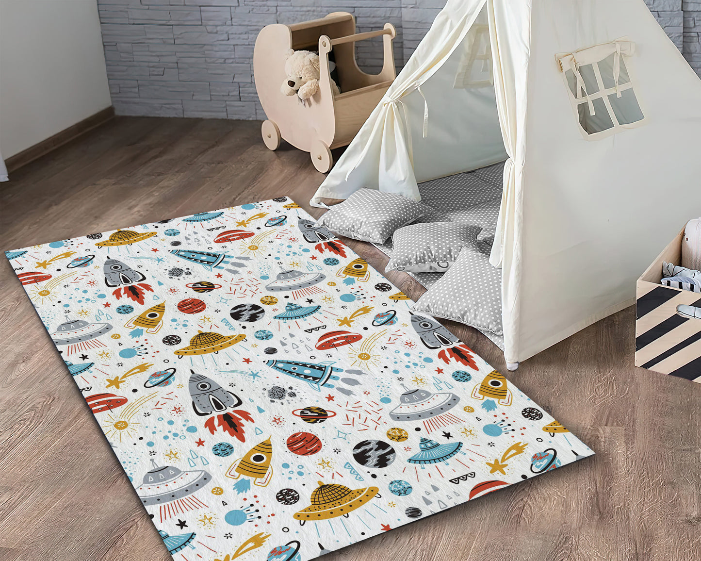 Colorful Space Rug, Galaxy Carpet, Kids Room Mat, UFO Themed Rug, Nursery Decor