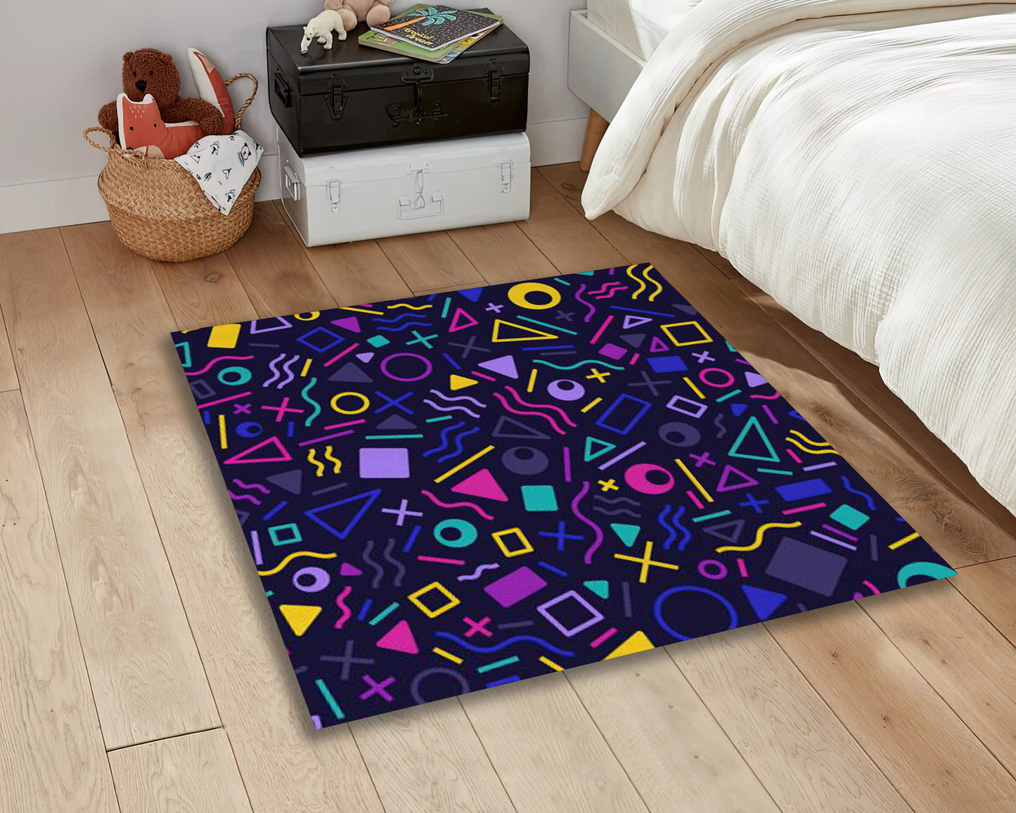 Geometric Arcade Game Rug, 90s Retro Style Gamer Carpet, Game Room Mat, Colorful Gaming Rug