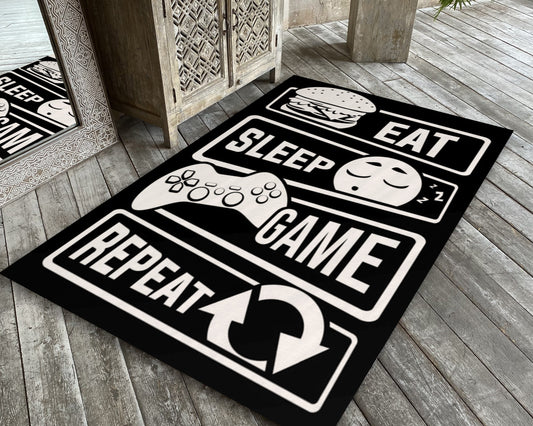 Eat Sleep Game Repeat Rug, Black Gaming Mat, Gamer Carpet, Game Room Decor, Gift for Gamer
