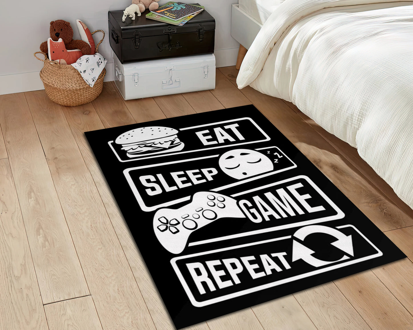 Eat Sleep Game Repeat Rug, Black Gaming Mat, Gamer Carpet, Game Room Decor, Gift for Gamer