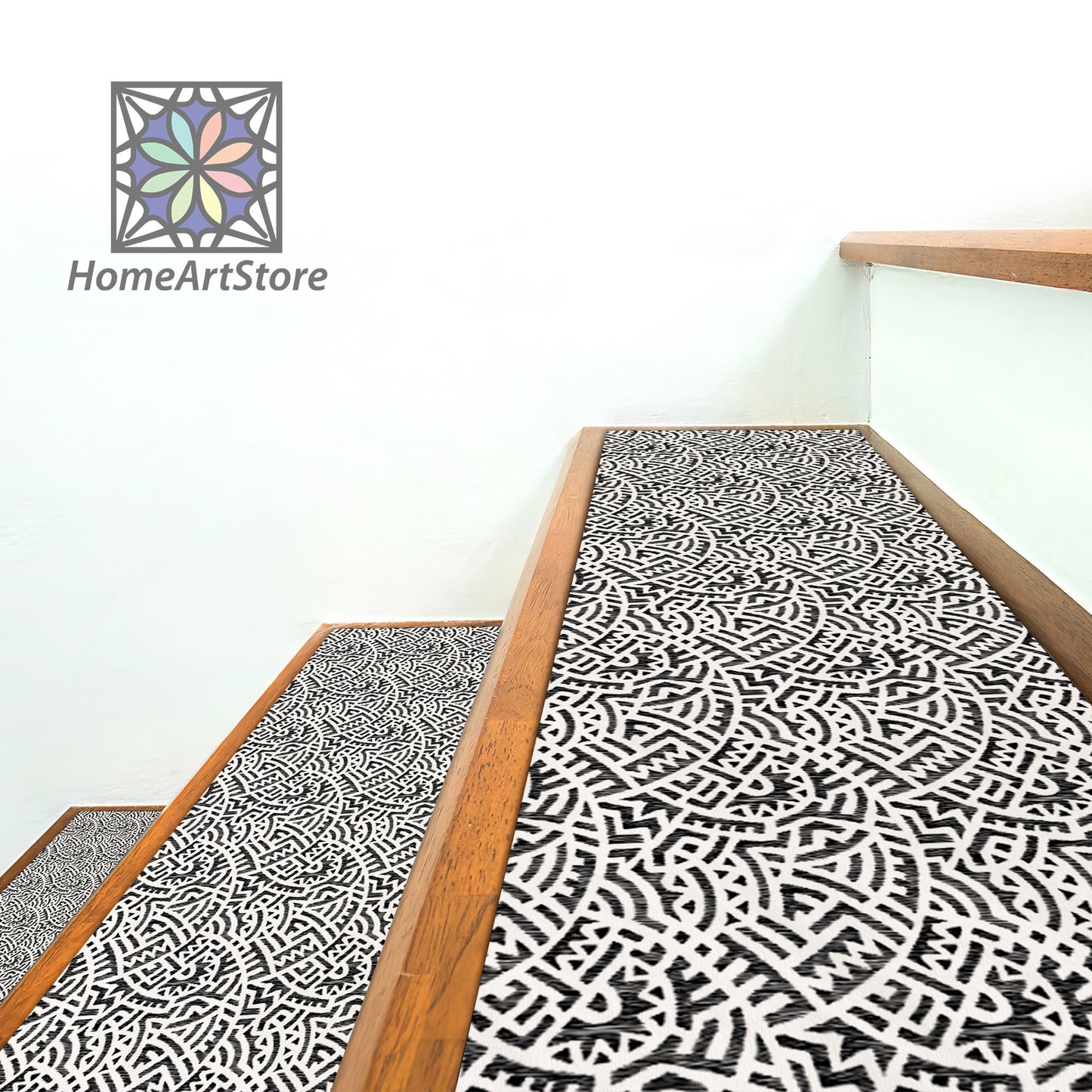 Boho Style Black Stair Rugs, Geometric Stair Tread Mats, Machine Washable Stair Step Rugs, Modern Office Stair Carpet