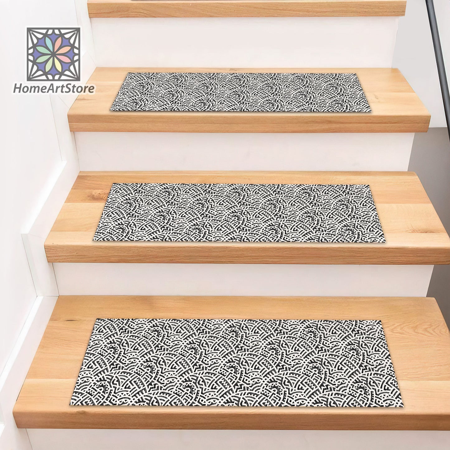 Boho Style Black Stair Rugs, Geometric Stair Tread Mats, Machine Washable Stair Step Rugs, Modern Office Stair Carpet