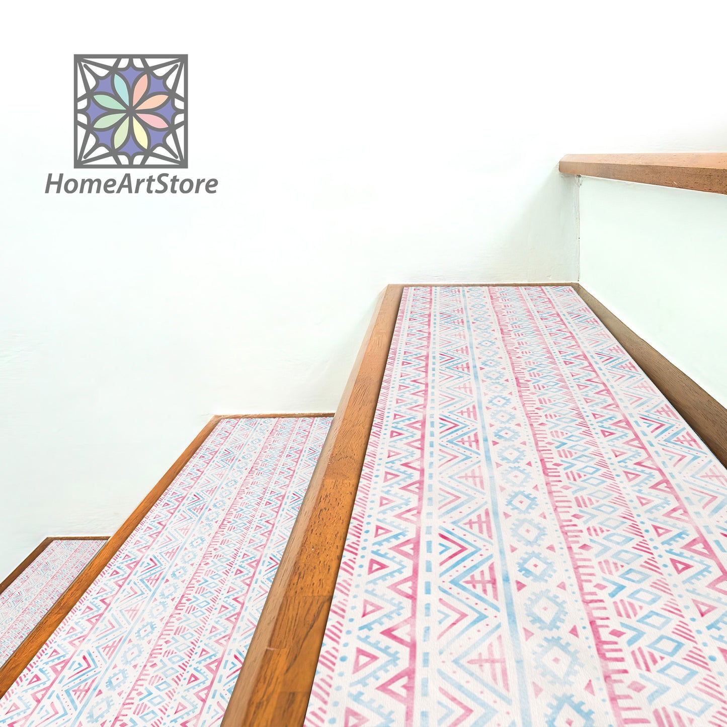 Geometric Pattern Stair Rugs, Ethnic Stair Step Mats, Boho Style Decor, Pastel Color Carpet