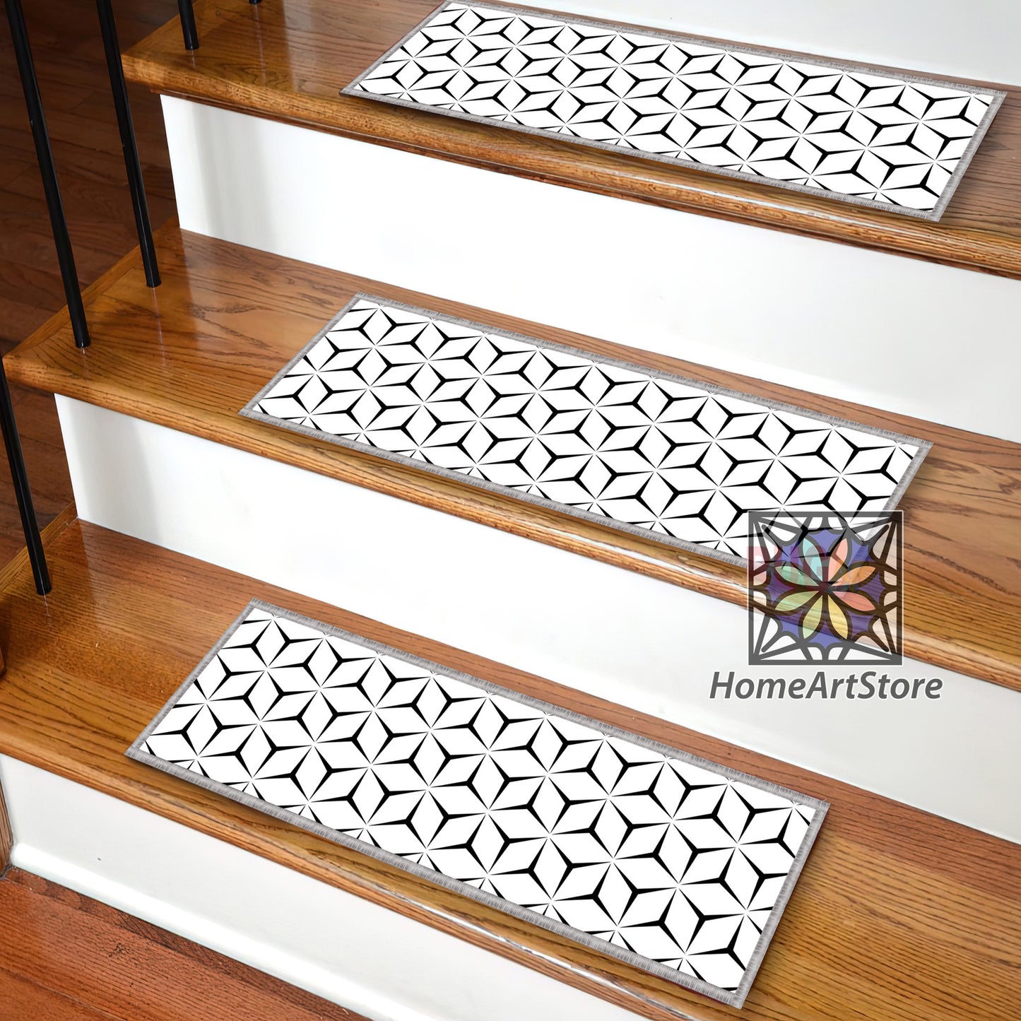 Geometric Pattern Stair Step Rugs, Illusion Stair Mats, Non-Slip Stair Tread Carpet, Modern Home Decor