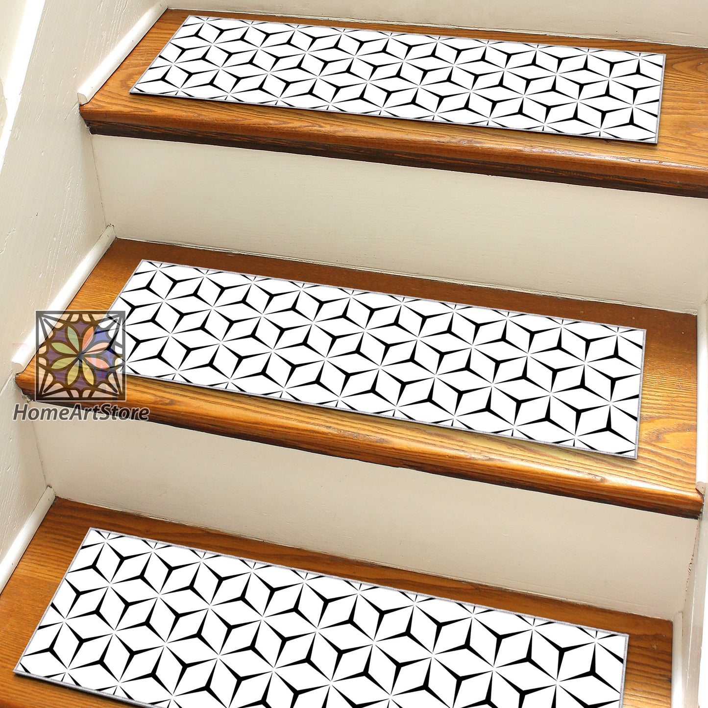 Geometric Pattern Stair Step Rugs, Illusion Stair Mats, Non-Slip Stair Tread Carpet, Modern Home Decor