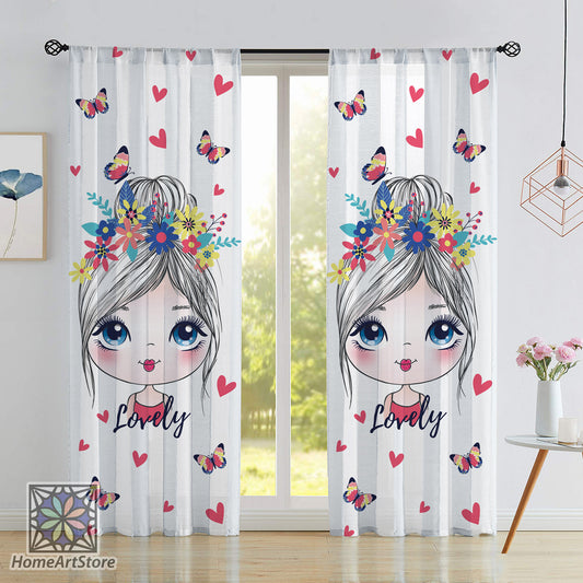 Cute Girl Themed Curtain, Colorful Floral Pattern Curtain, Girl Room Decor, Butterfly Kids Room Curtain
