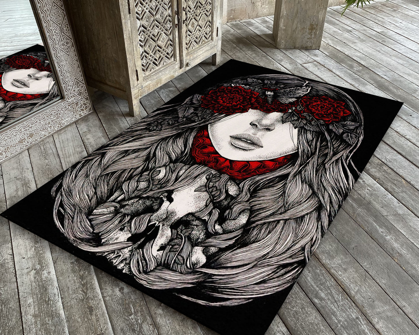 Gothic Girl Rug, Girl With Skull Carpet, Gothic Rose Mat, Black Vintage Horror Decor, Scary Gift