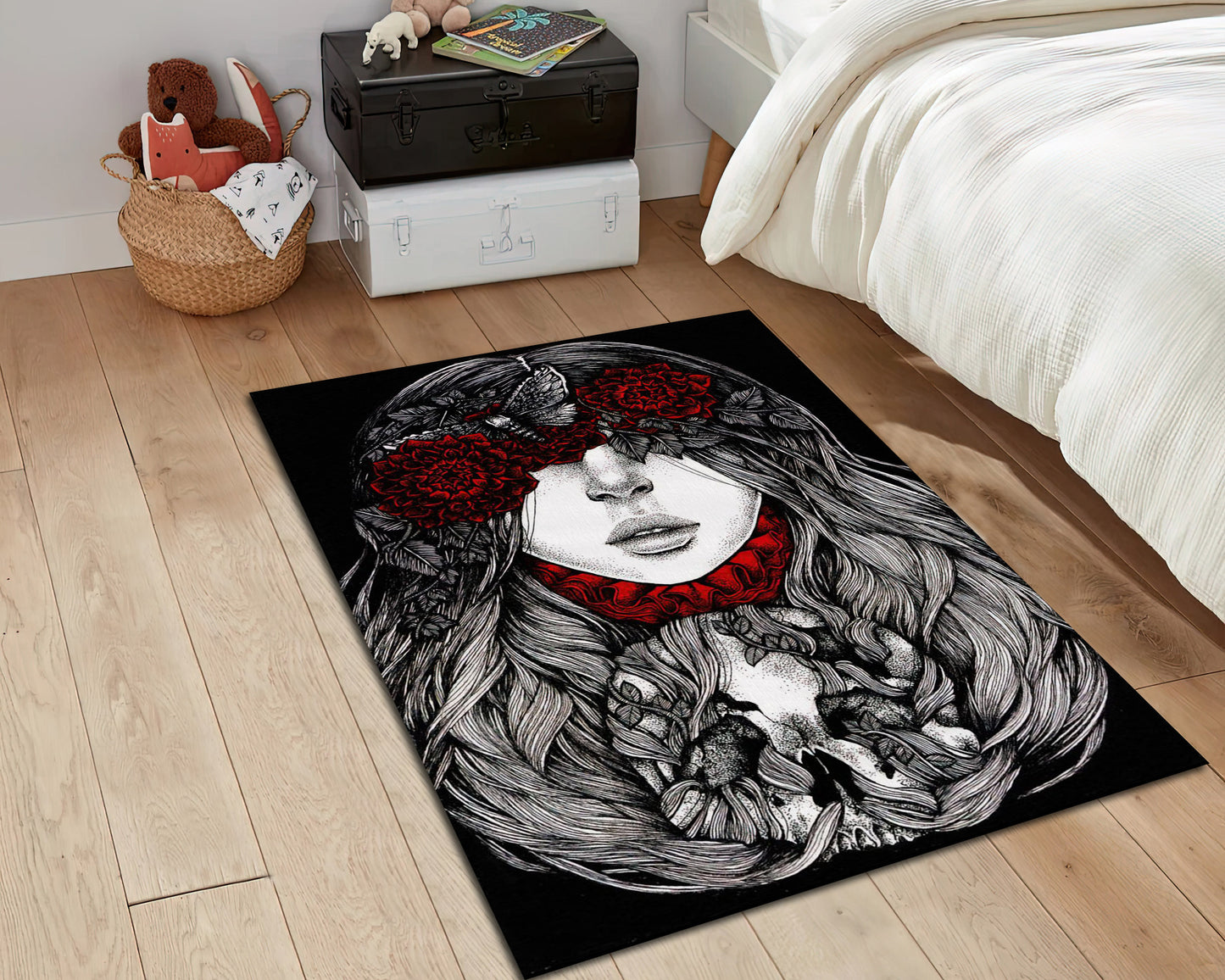 Gothic Girl Rug, Girl With Skull Carpet, Gothic Rose Mat, Black Vintage Horror Decor, Scary Gift