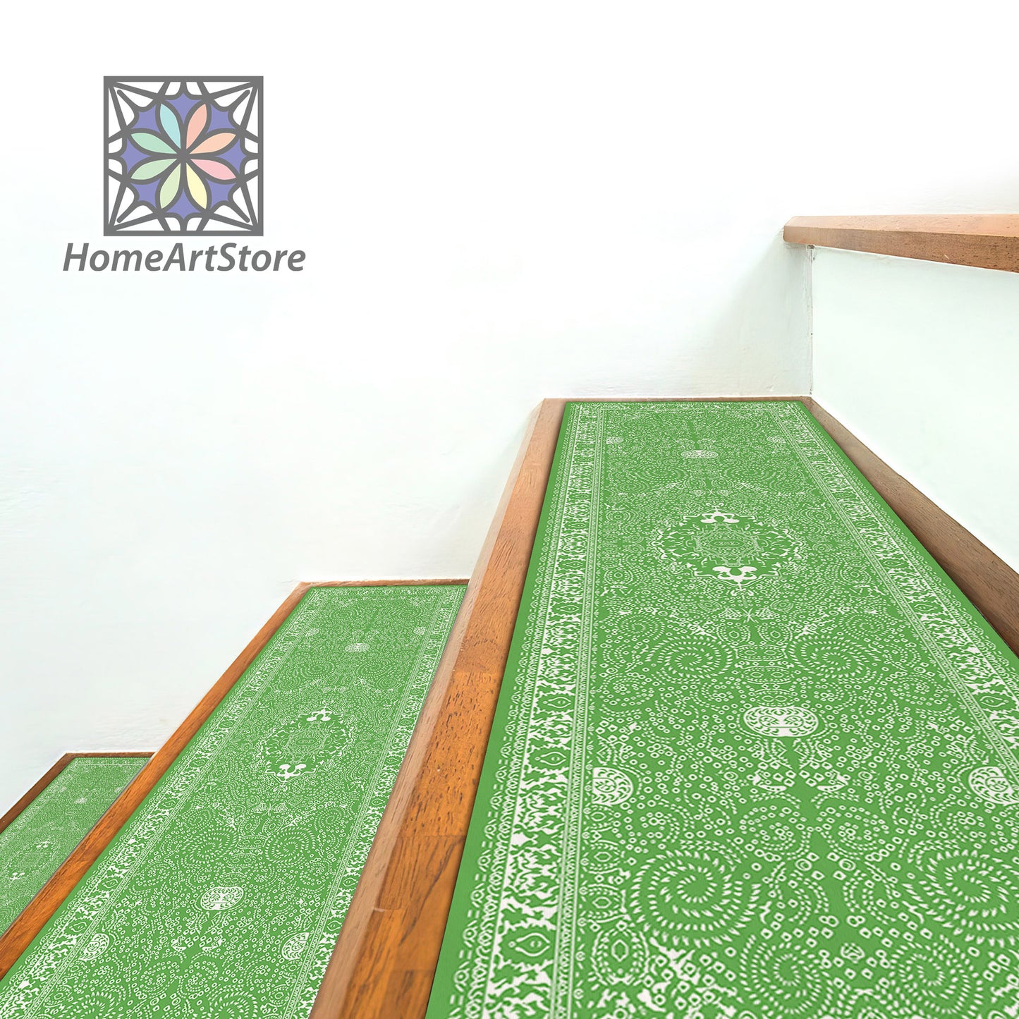 Green and White Color Stair Rugs, Cool Stair Tread Carpet, Boho Style Decor, Oriental Stair Mat, Aesthetic Step Mat