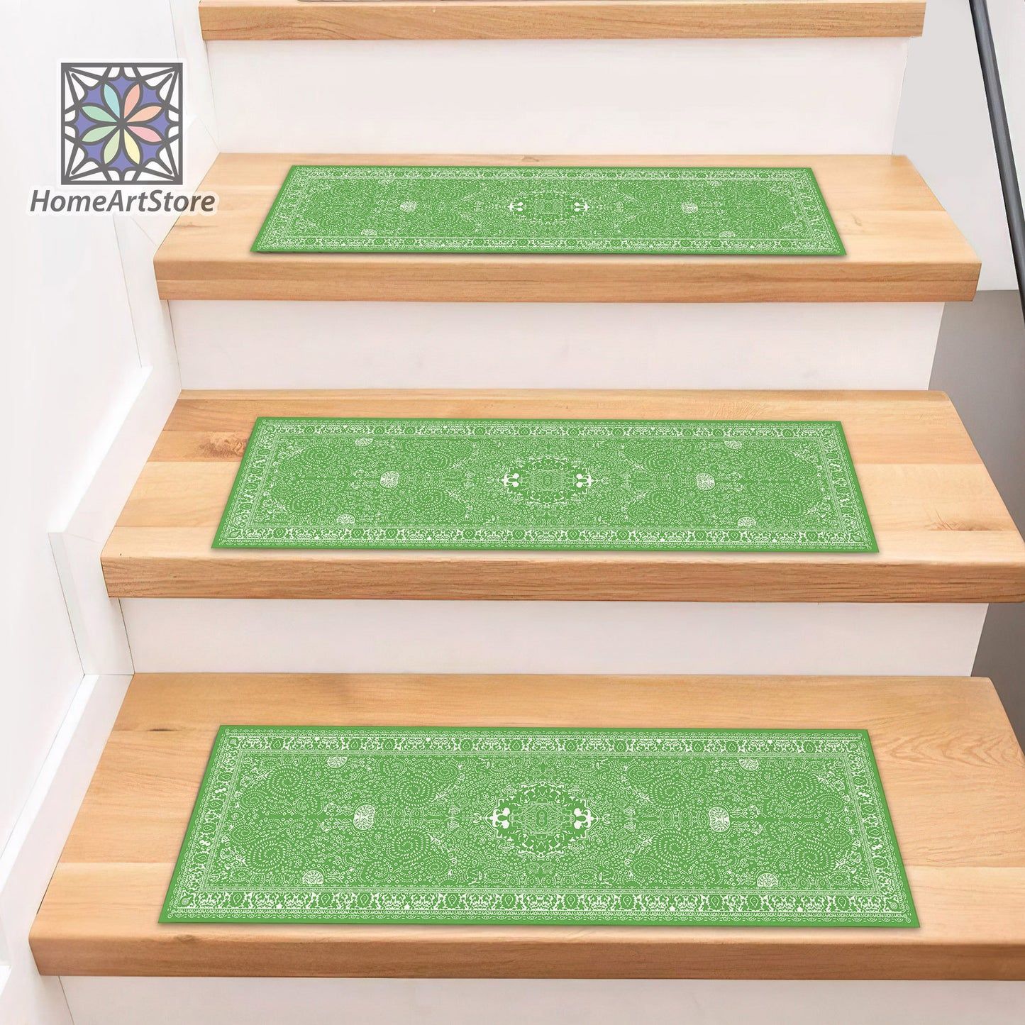 Green and White Color Stair Rugs, Cool Stair Tread Carpet, Boho Style Decor, Oriental Stair Mat, Aesthetic Step Mat