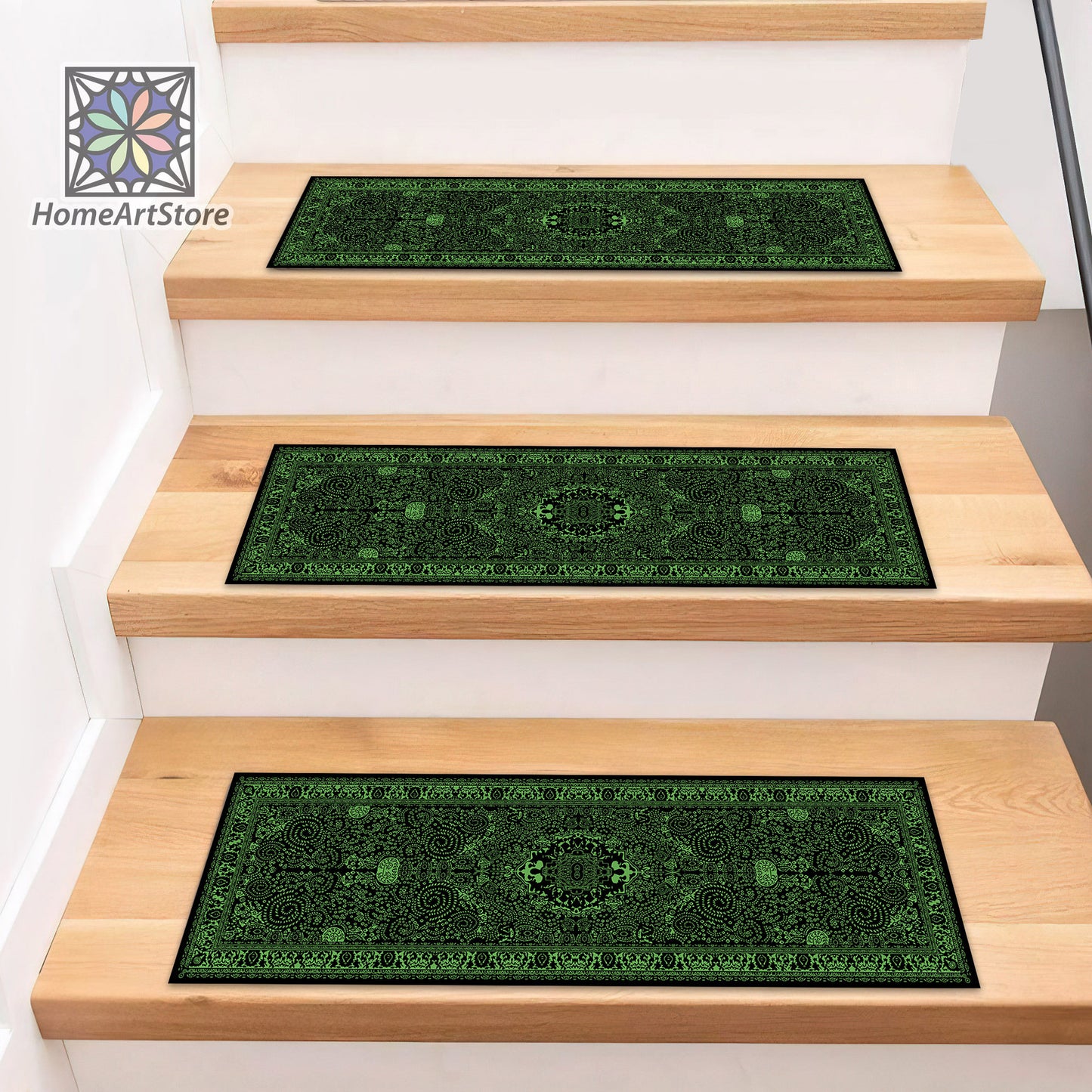 Green and Black Scandinavian Stair Rugs, Boho Style Decor, Bohemian Themed Stair Mats, Nonslip Modern Step Carpet
