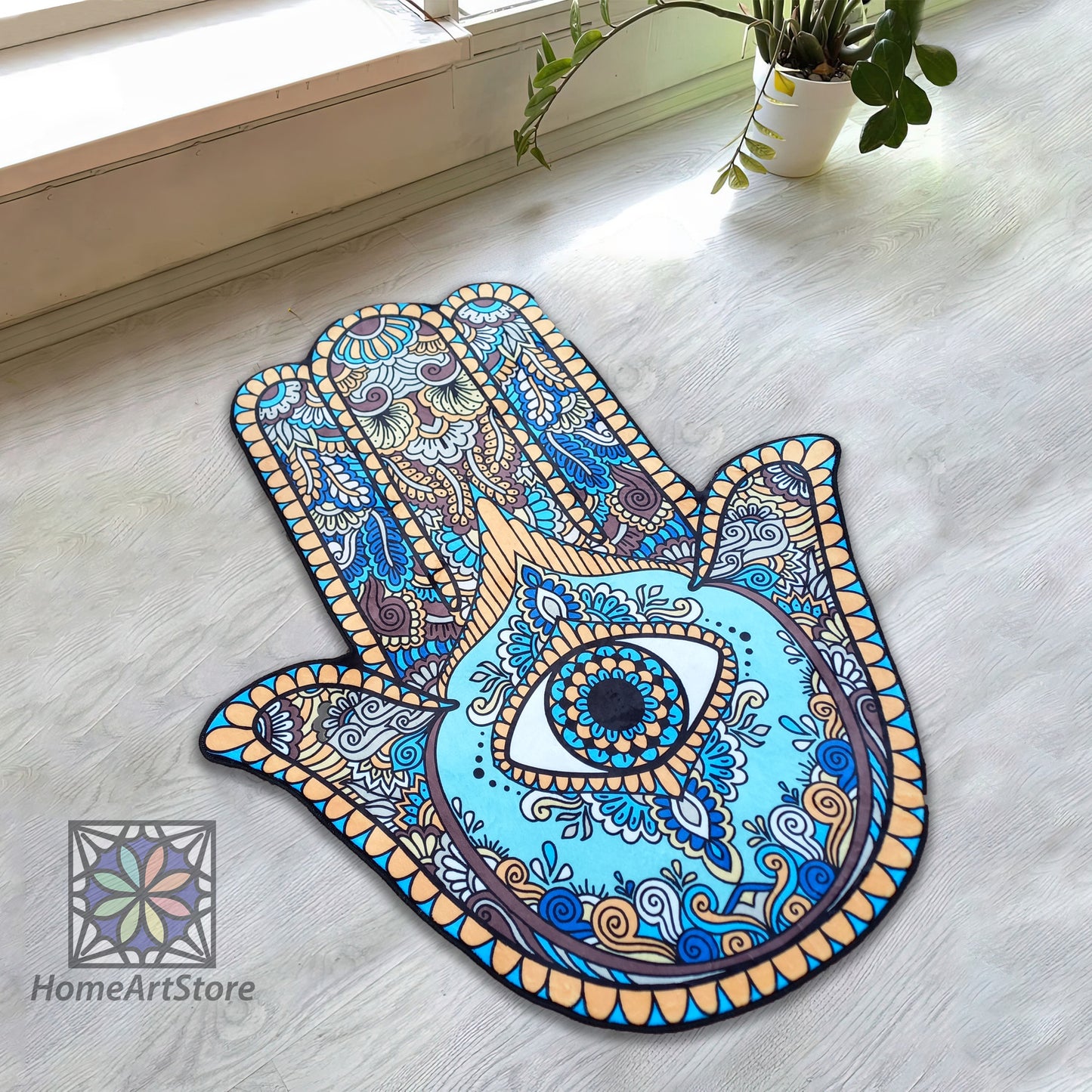 Evil Eye Rug, Boho Style Mandala Carpet, Turkish Motif Mat, Talisman Rug, Fatima Hand Decor