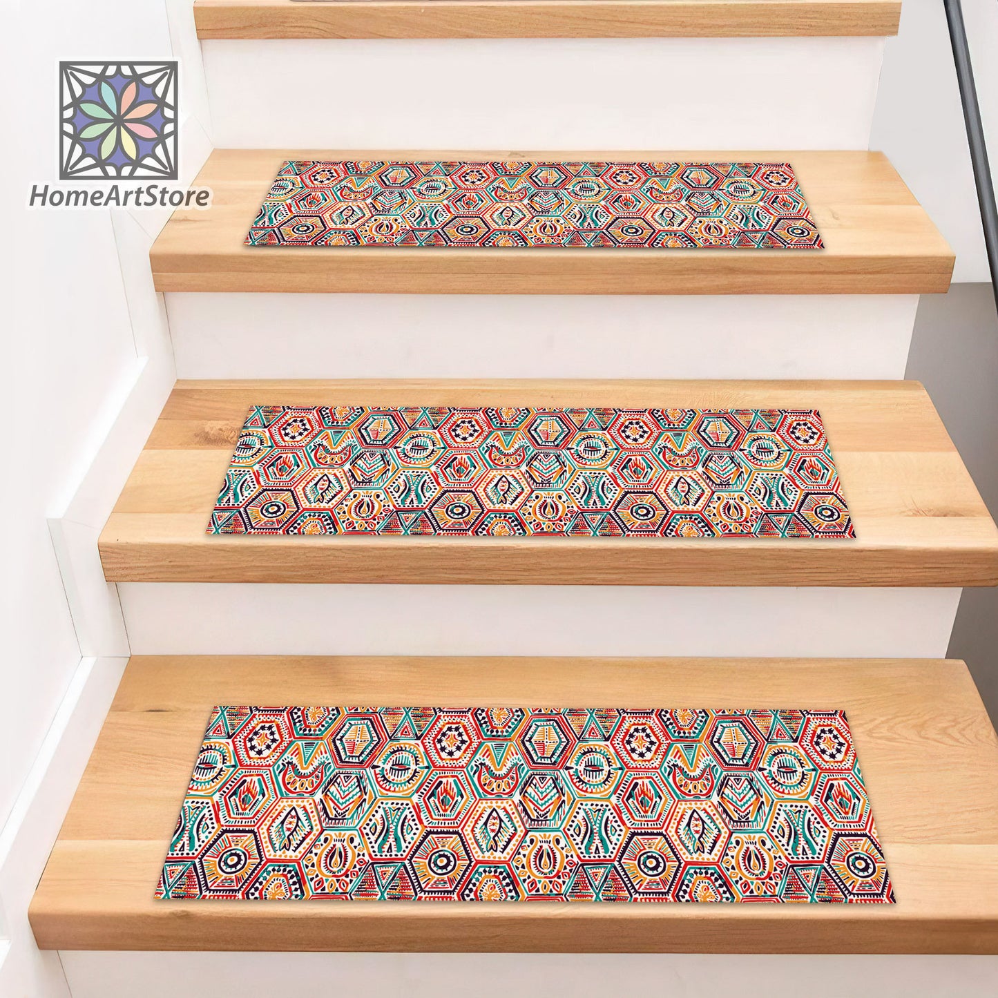 Hexagon Shapes Printed Stair Rugs, Ethnic Stair Step Mats, Authentic Step Carpet, Authentic Stair Mats