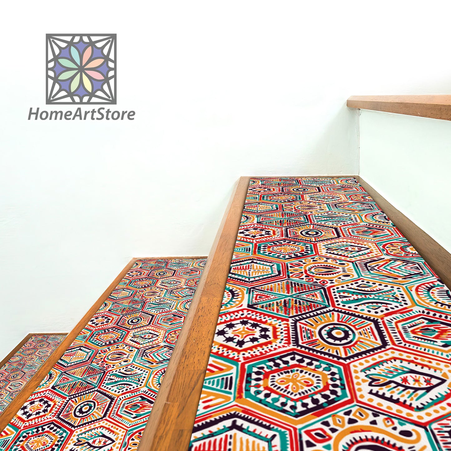 Hexagon Shapes Printed Stair Rugs, Ethnic Stair Step Mats, Authentic Step Carpet, Authentic Stair Mats