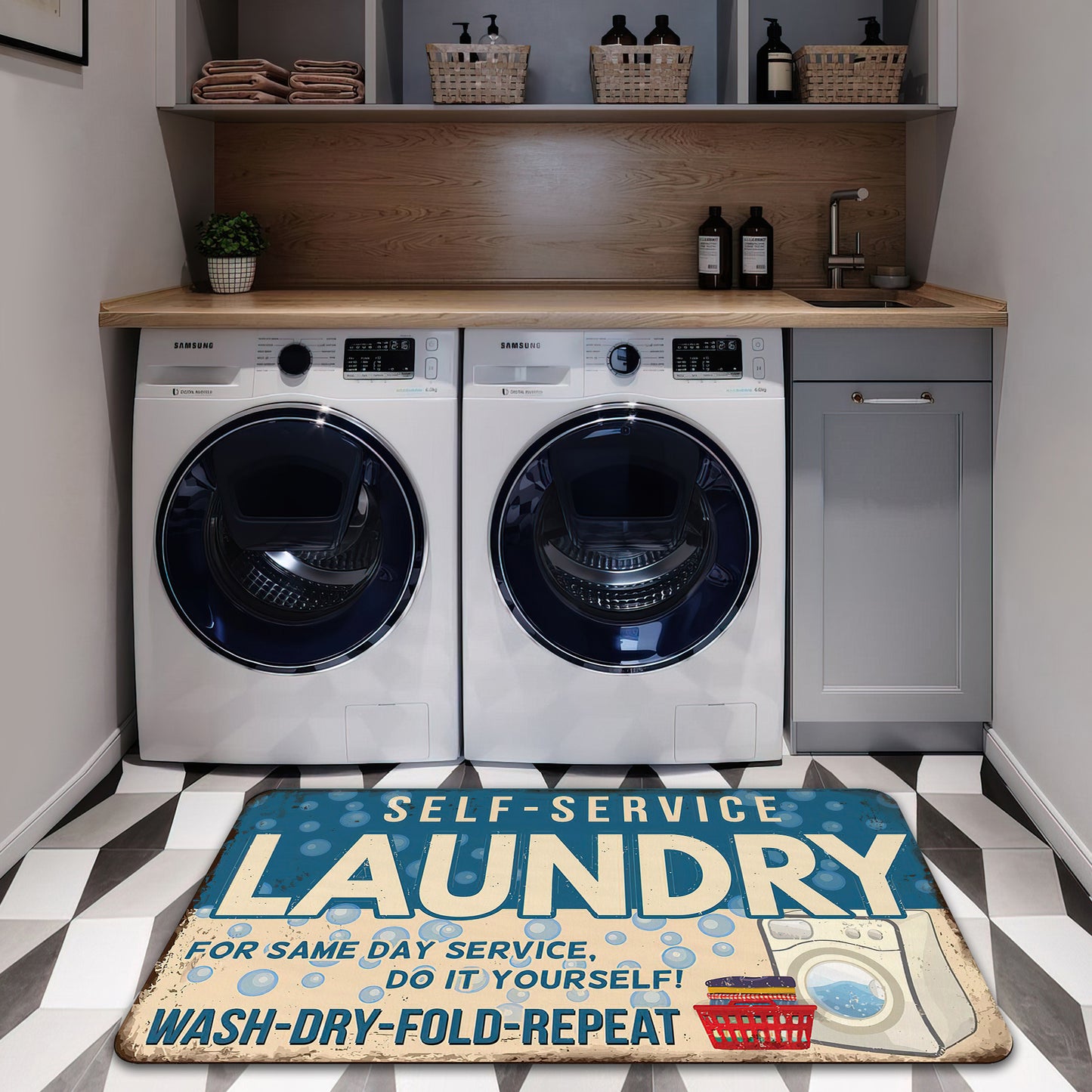 Vintage Laundry Area Rug, Classic Laundry Room Mat, Non-Slip Area Bath Mat, Decorative Bathroom Carpet