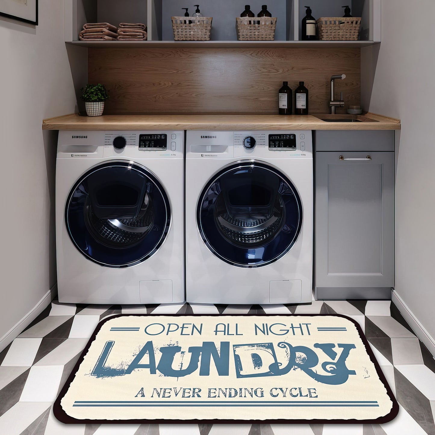 Laundry Room Rug, Wash, Dry, Fold, Repeat, Retro Style Laundry Carpet, Bathroom Decor, Laundry Room Mat