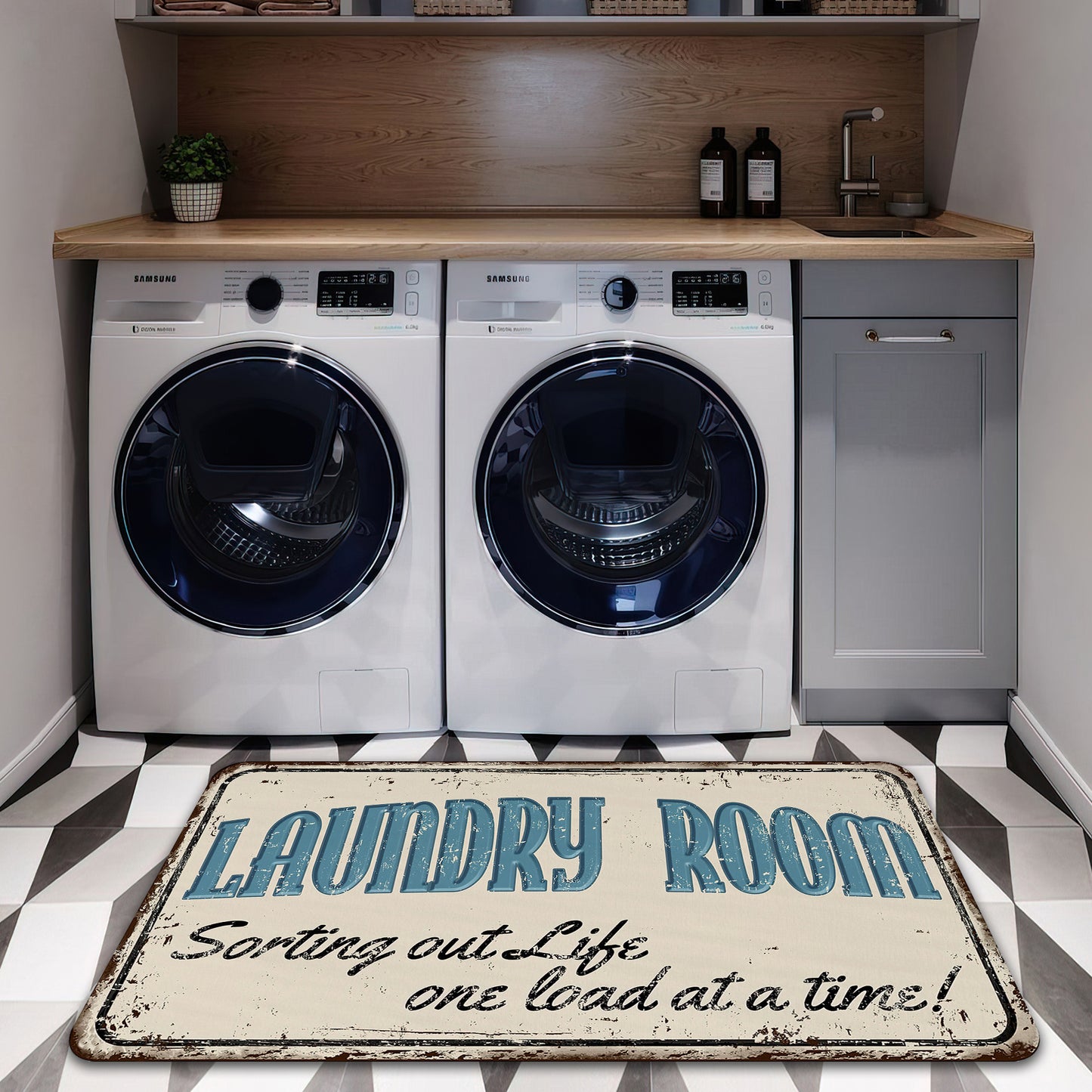 Nostalgic Laundry Room Rug, Retro Style Laundry Bathroom Mat, Bath Mat, Vintage Laundry Room Decoration