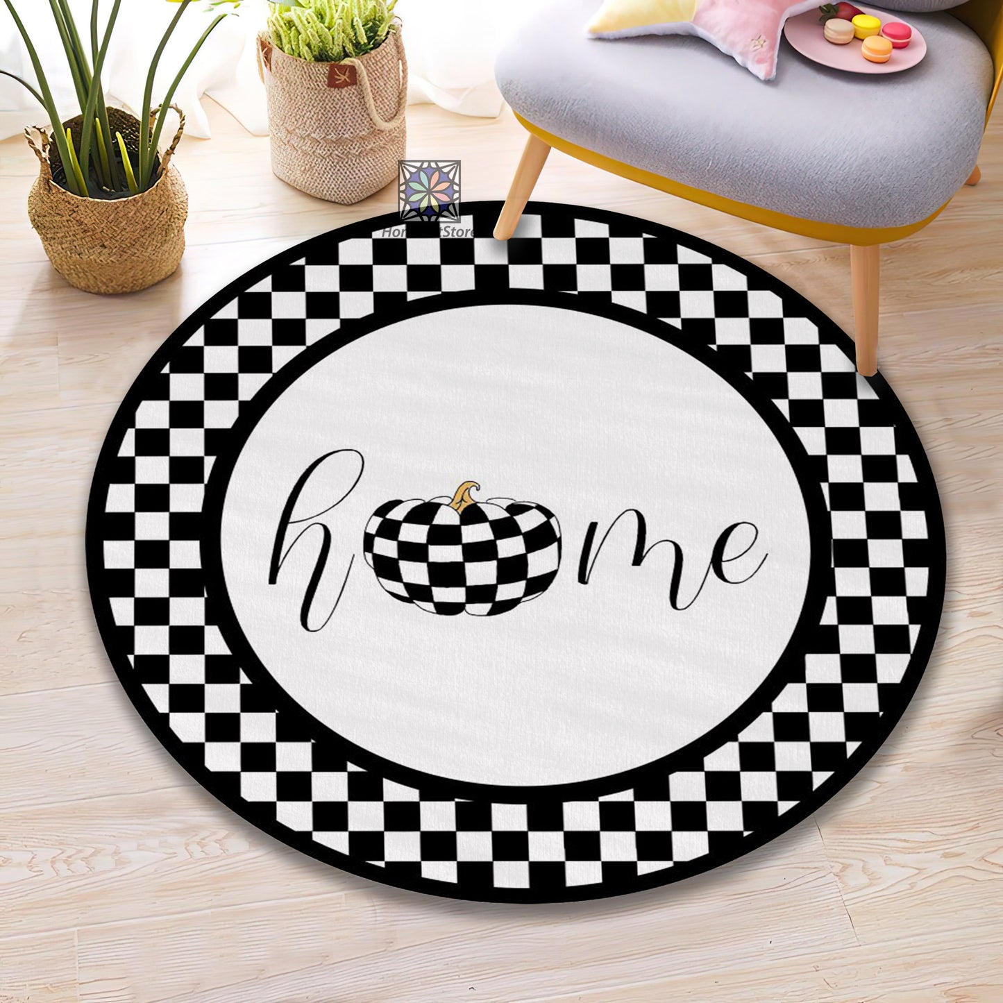 Home Text Kitchen Rug, Checkered Carpet, Doormat, Geometric Round Mat, Luxury Entryway Decor