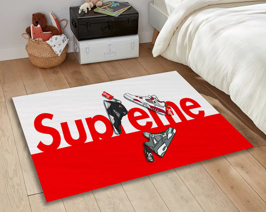 Supreme Rug, Air Jordan Carpet, Red and White Sneaker Mat, Supreme Logo Rug, Streetwear Decor