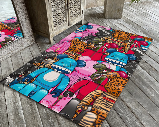 Colorful Kaws Bear Rug, Supreme Carpet, Hypebeast Decor, Urban Art Mat, Sneaker Room Rug
