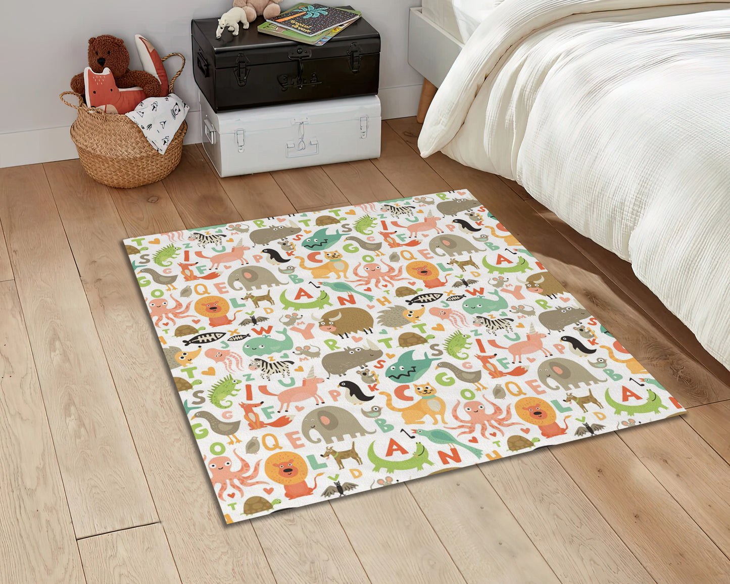 Animal Alphabet Rug, Nursery Educational Play Mat, Safari Animals Carpet, Kids Room Decor