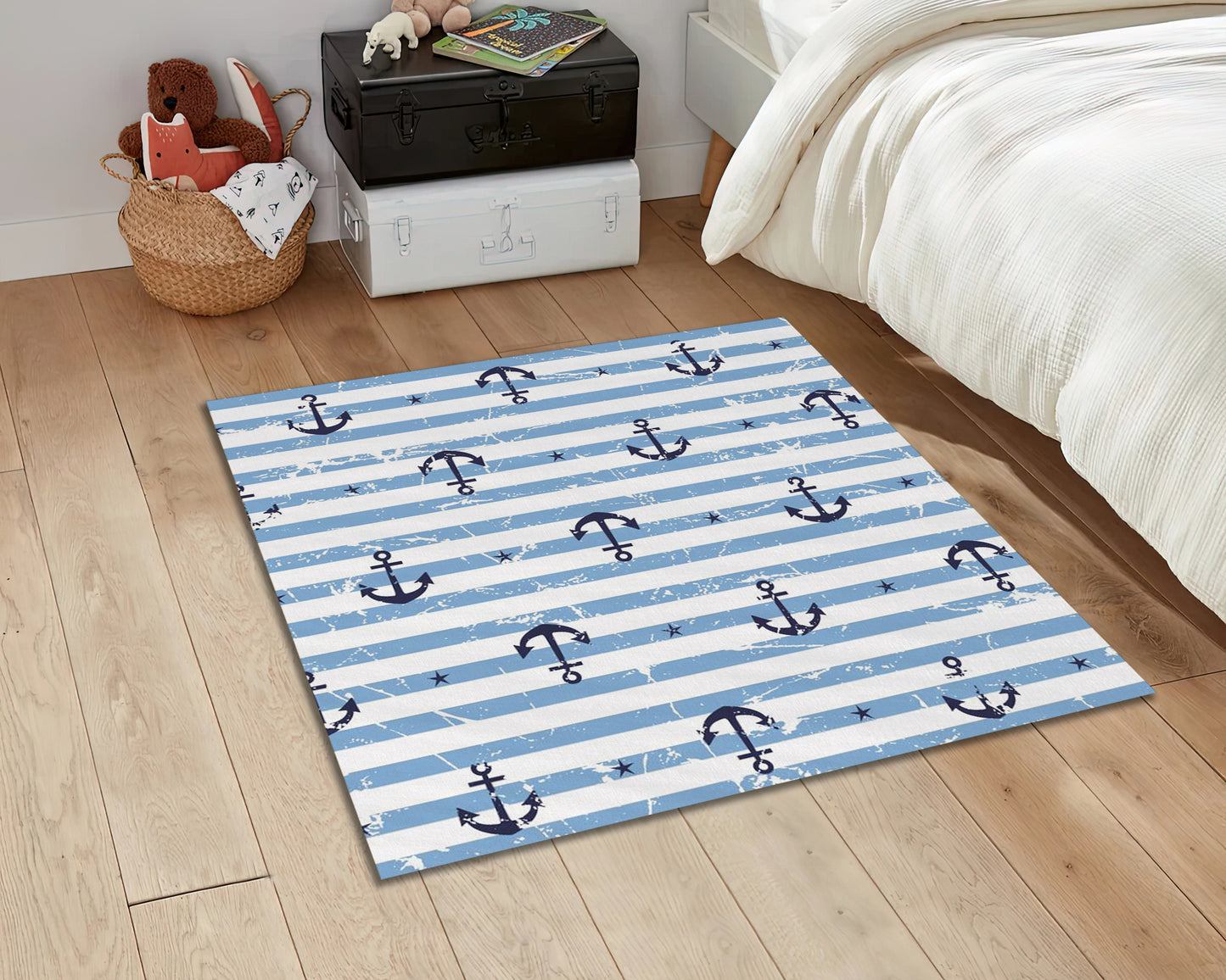 Blue Kids Room Rug, Sea Anchor Themed Carpet, Striped Pattern Decor, Play Room Mat, Nursery Rug