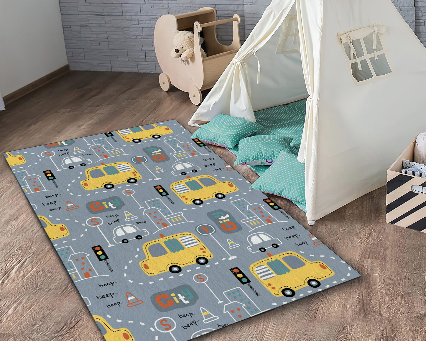 Car Pattern Rug, Boys Room Mat, City Road Map Carpet, Nursery Play Mat, Baby Gift