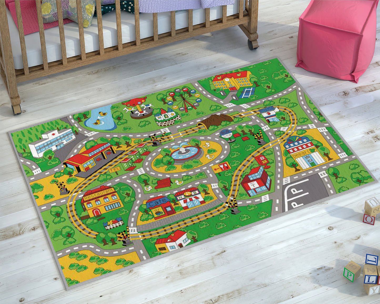 Colorful City Printed Rug, Children Room Carpet, Nursery Play Mat, Play Room Rug