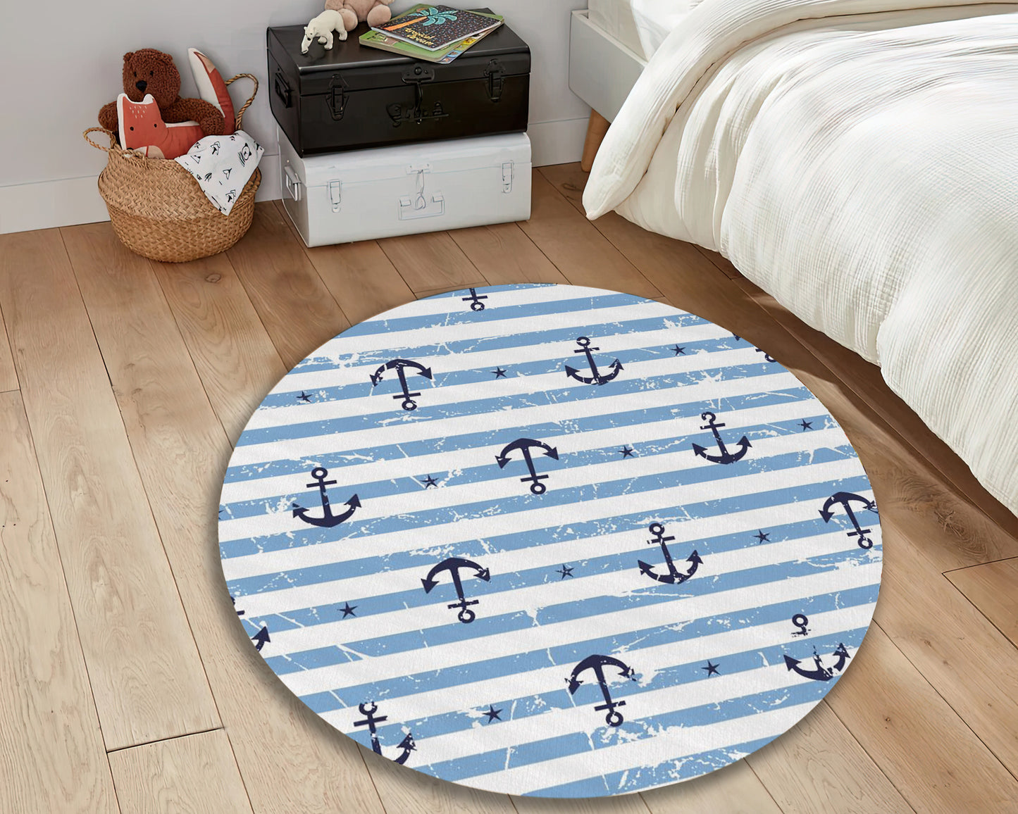 Blue Sea Anchor Pattern Rug, Striped Carpet, Baby Shower Decor, Nursery Play Mat, Kids Play Room Rug