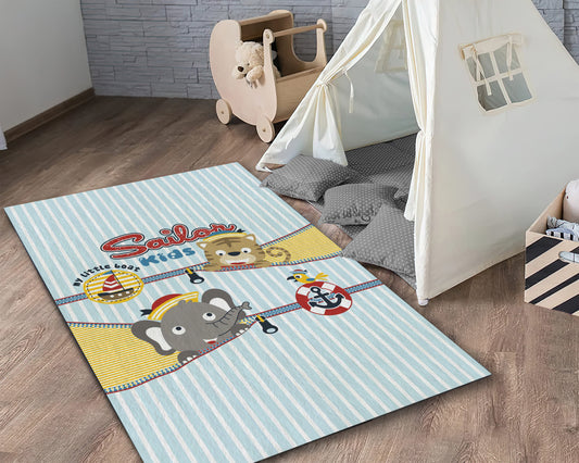 Sailor Kids Room Rug, Blue Boys Room Carpet, Sea Themed Nursery Mat, Baby Gift