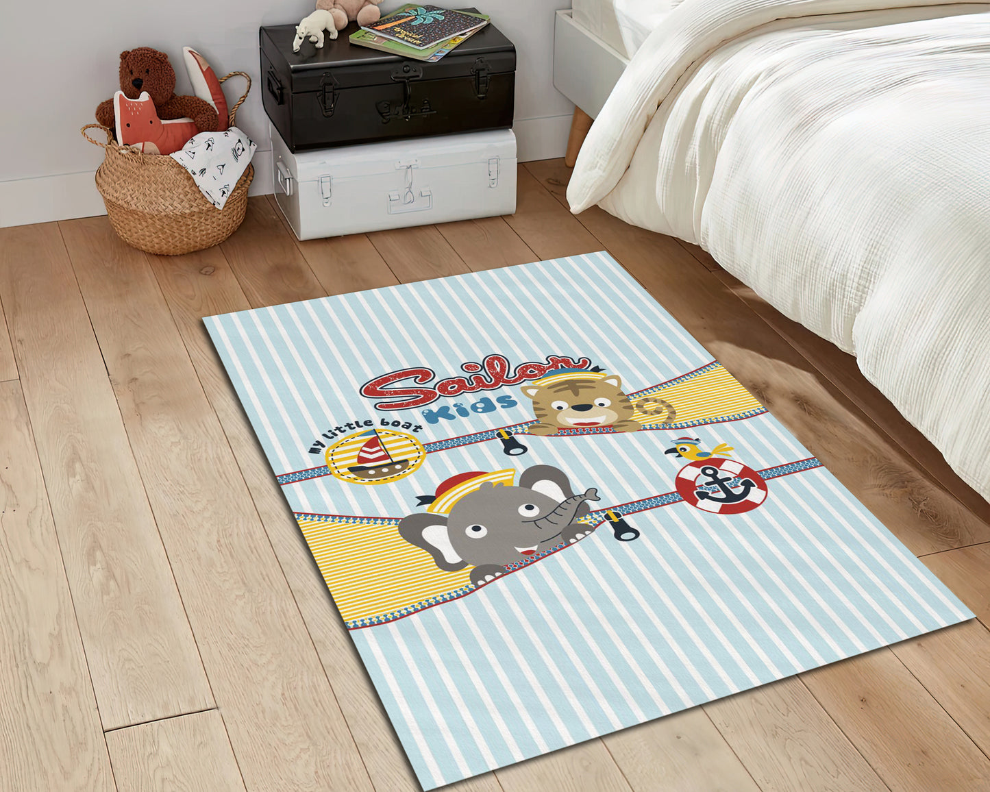 Sailor Kids Room Rug, Blue Boys Room Carpet, Sea Themed Nursery Mat, Baby Gift