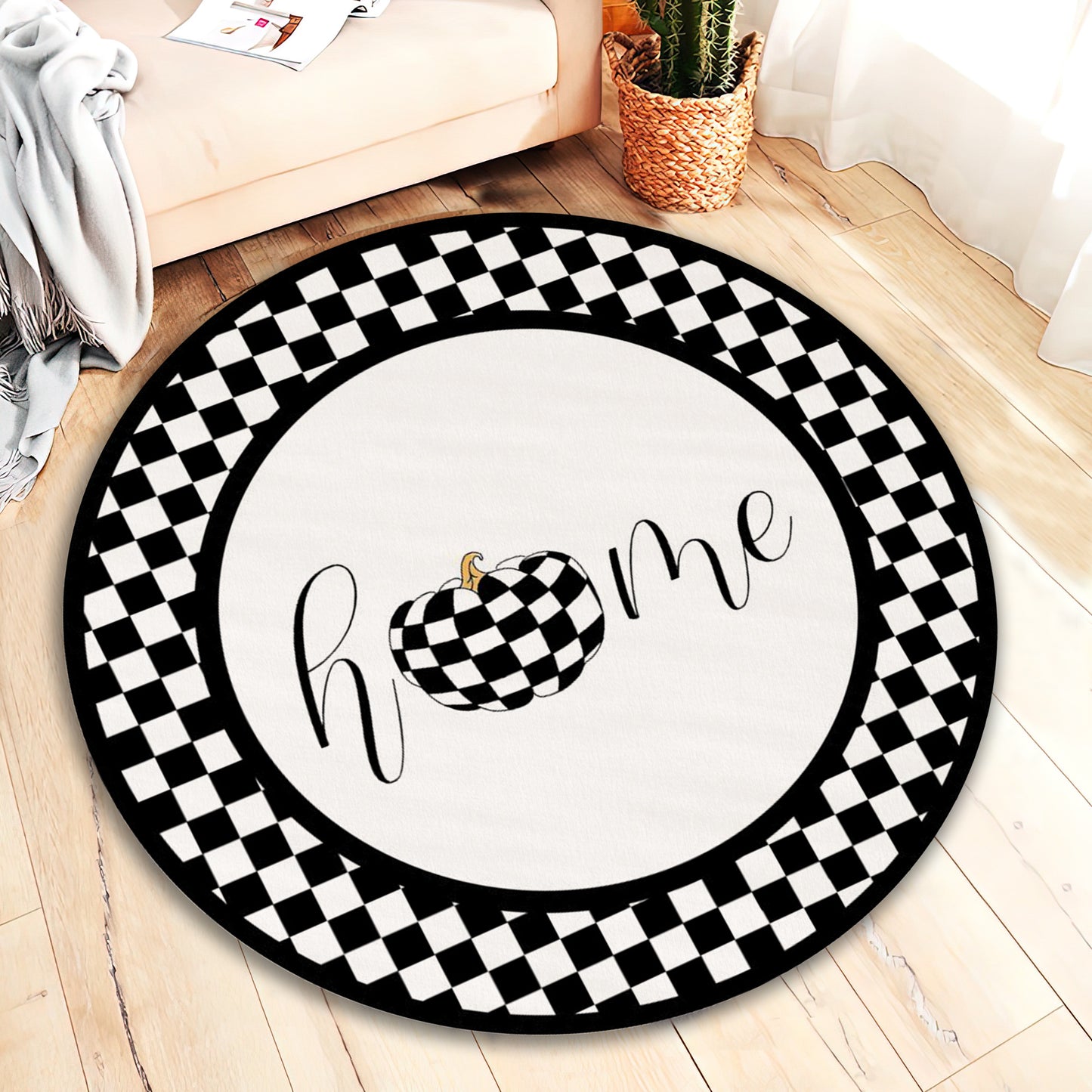 Home Text Kitchen Rug, Checkered Carpet, Doormat, Geometric Round Mat, Luxury Entryway Decor