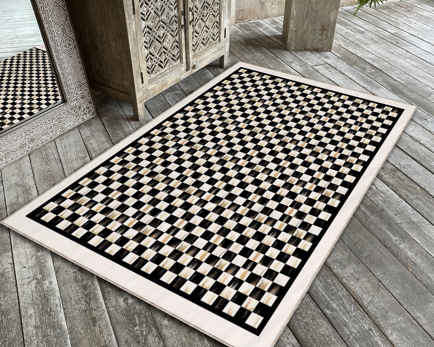 Vintage Checkered Rug, Black and White Kitchen Mat, Luxury Living Room Carpet, Geometric Illusion Decor