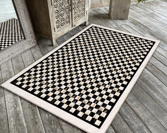 Vintage Checkered Rug, Black and White Kitchen Mat, Luxury Living Room Carpet, Geometric Illusion Decor