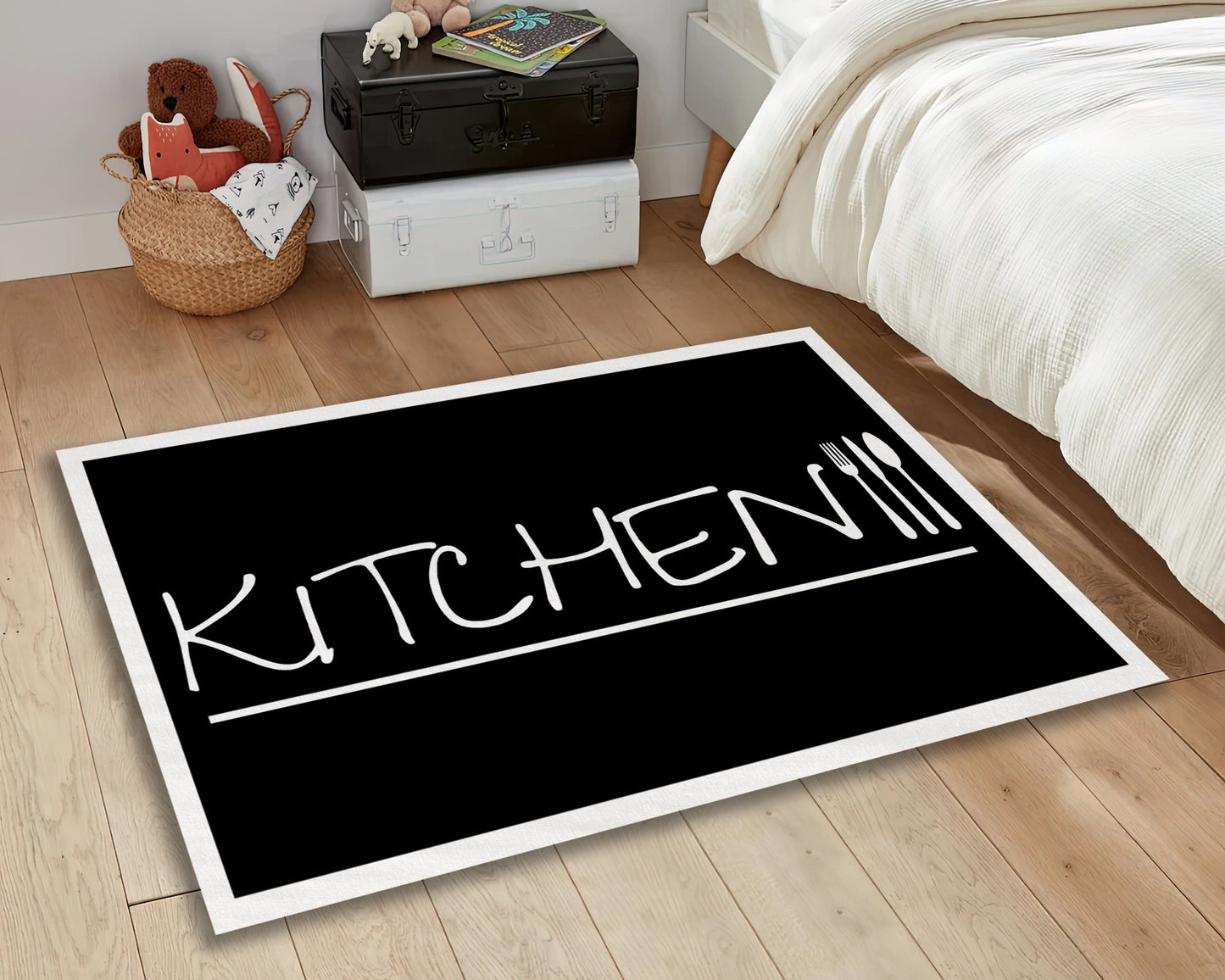 Black Kitchen Text Rug, Kitchen Stuff Carpet, Decorative Kitchen Runner Decor, Cooking Mat