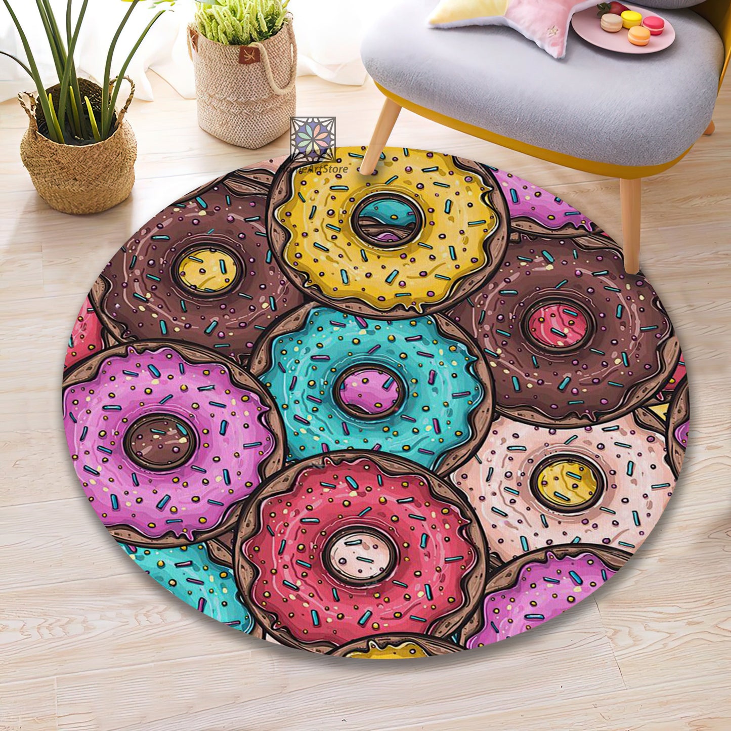 Cute Donut Pattern Rug, Doughnut Carpet, Colorful Kitchen Round Mat