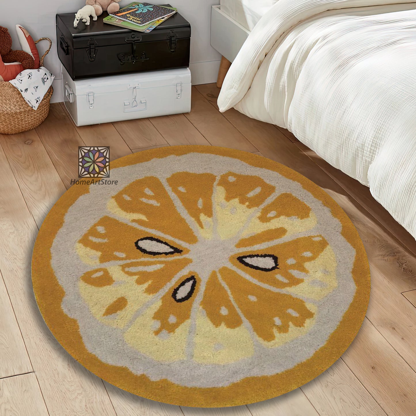 Vintage Lemon Rug, Kitchen Round Mat, Cute Nursery Carpet, Fruit Decor