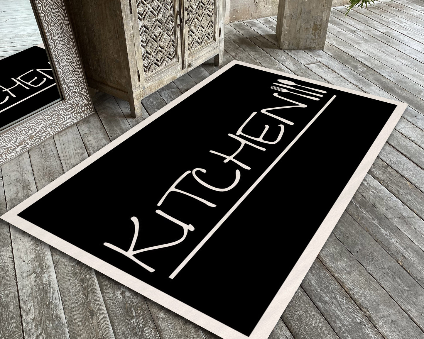 Black Kitchen Text Rug, Kitchen Stuff Carpet, Decorative Kitchen Runner Decor, Cooking Mat