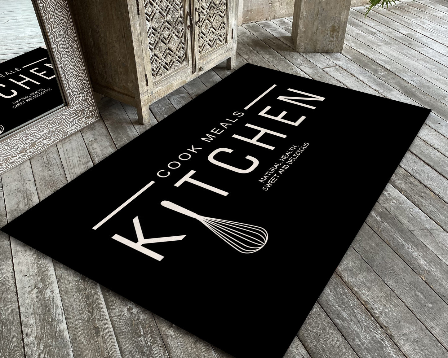 Black Kitchen Text Rug, Cooking Mat, Kitchen Bar Decor, Dining Room Carpet