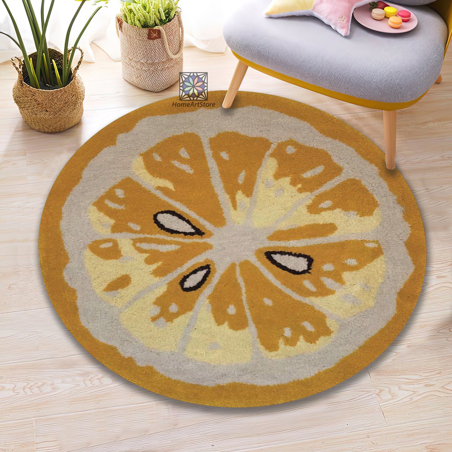 Vintage Lemon Rug, Kitchen Round Mat, Cute Nursery Carpet, Fruit Decor