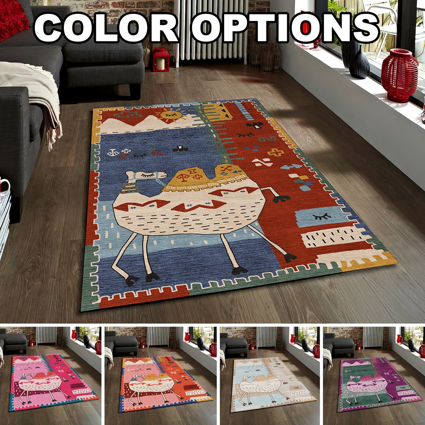 Camel Rug, Desert Theme Carpet, Moroccan Style Floor Mat, Kids Room Play Mat, Playroom Decor