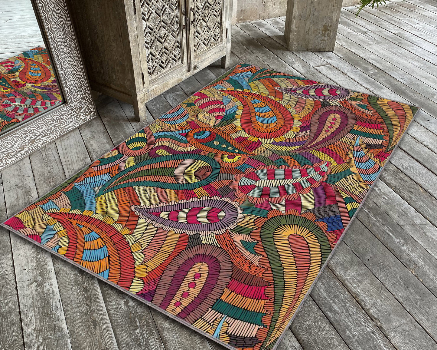 Exotic Boho Print Rug, Kitchen Carpet, Bohemian Decor, Living Room Mat, Motif Rug