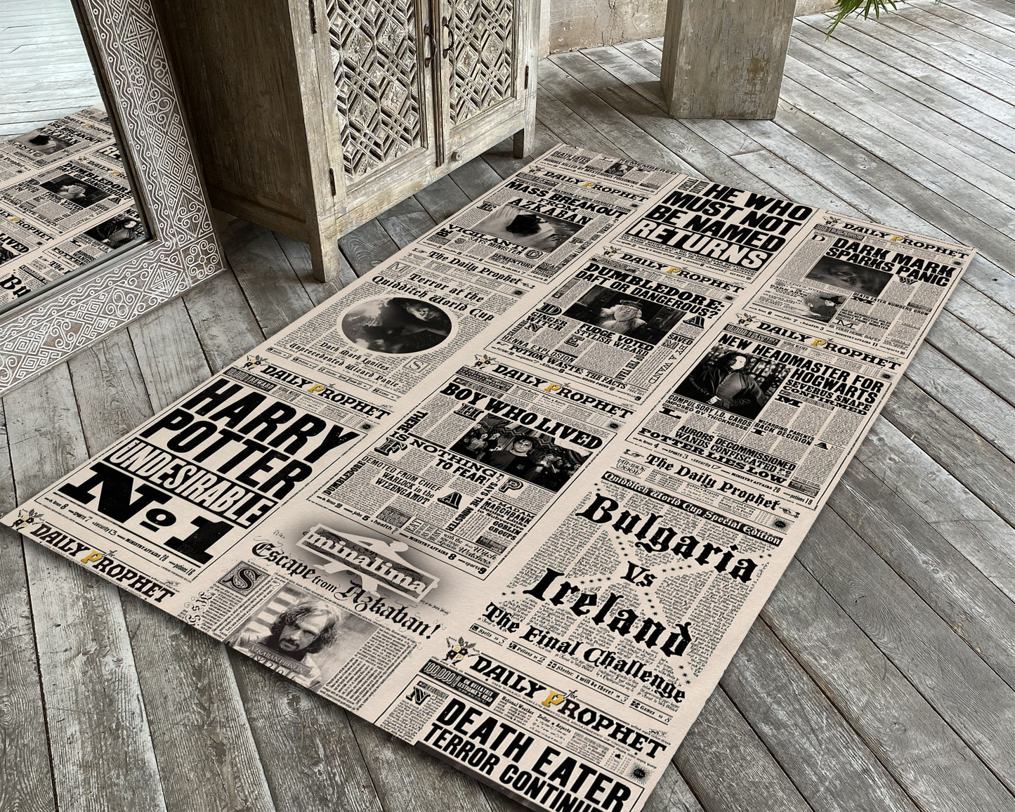 Harry Potter Daily Prophet Rug, Vintage Harry Potter Newspaper Carpet, Movie Room Decor, Fantastic Movie Mat
